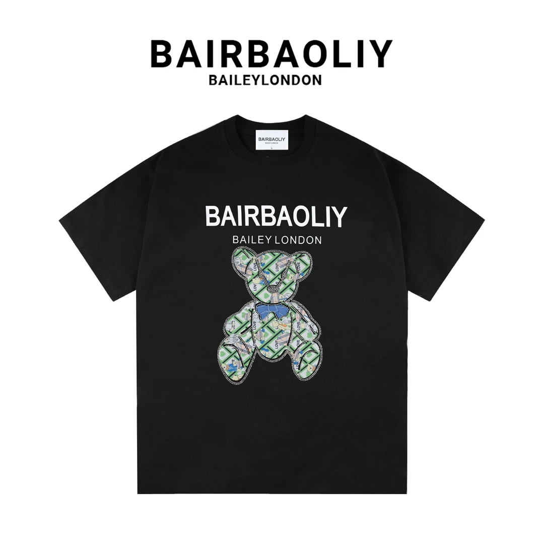 BAIRBAOLIY巴家品牌轻奢小熊联名款烫钻重工艺短袖T恤男女同款