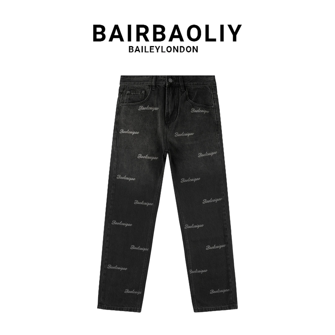 BAIRBAOLIY美式休闲字母牛仔裤时尚宽松潮牌直筒水洗阔腿长裤裤子