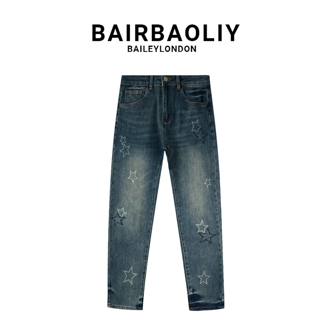 BAIRBAOLIY设计款星星刺绣男款修身小脚裤秋冬潮流复古时尚牛仔裤