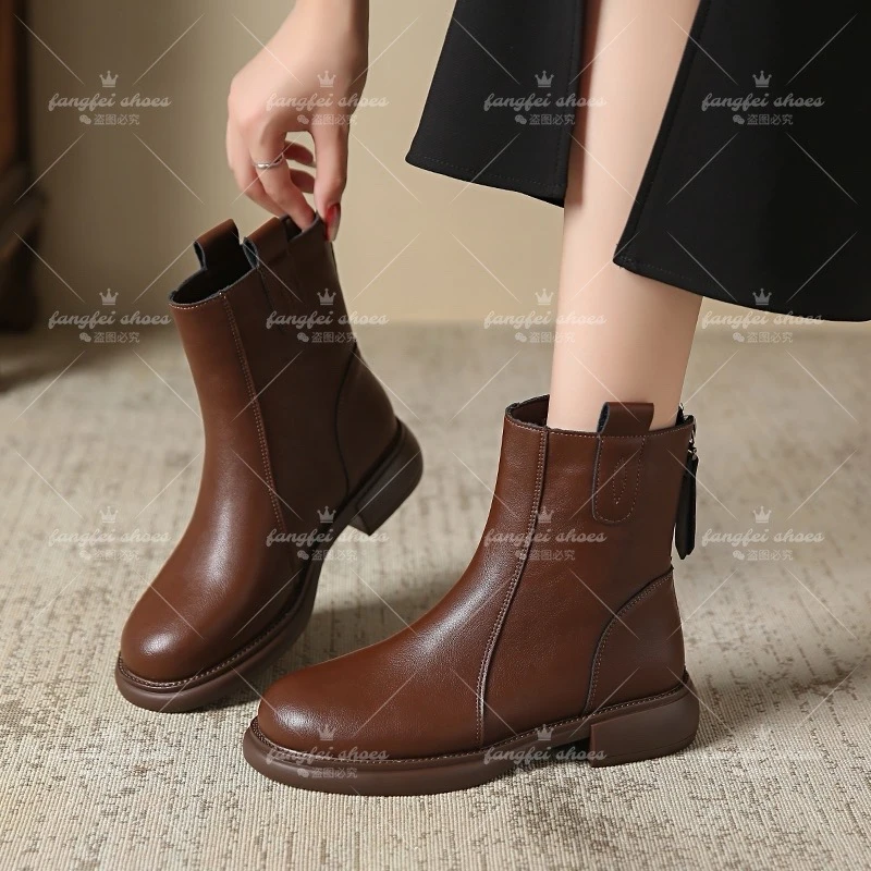 【翘颜品牌】时尚百搭舒适复古休闲加绒软皮中跟低跟短筒马丁靴701