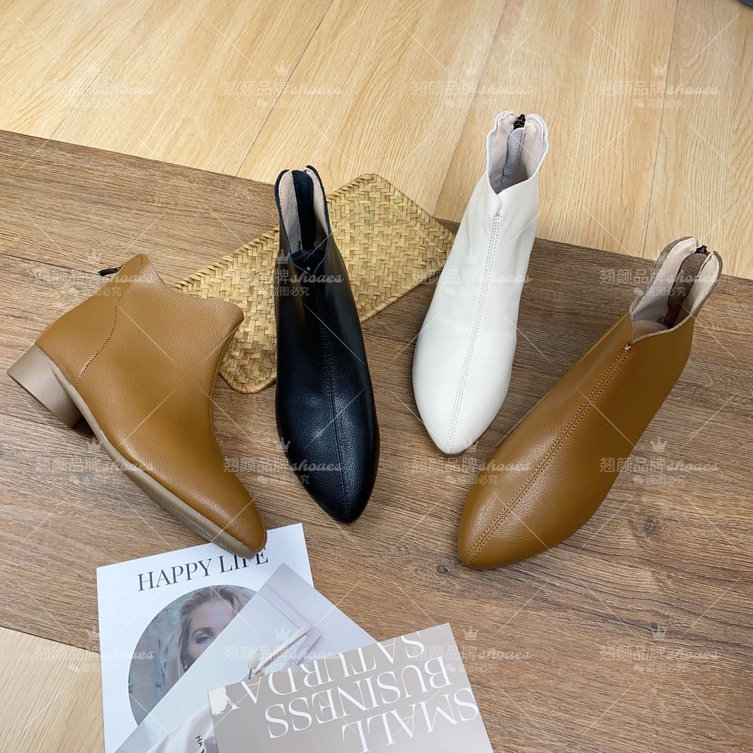 【翘颜品牌】秋季新款时尚百搭简约尖头时尚软底瘦瘦短靴女1711Y