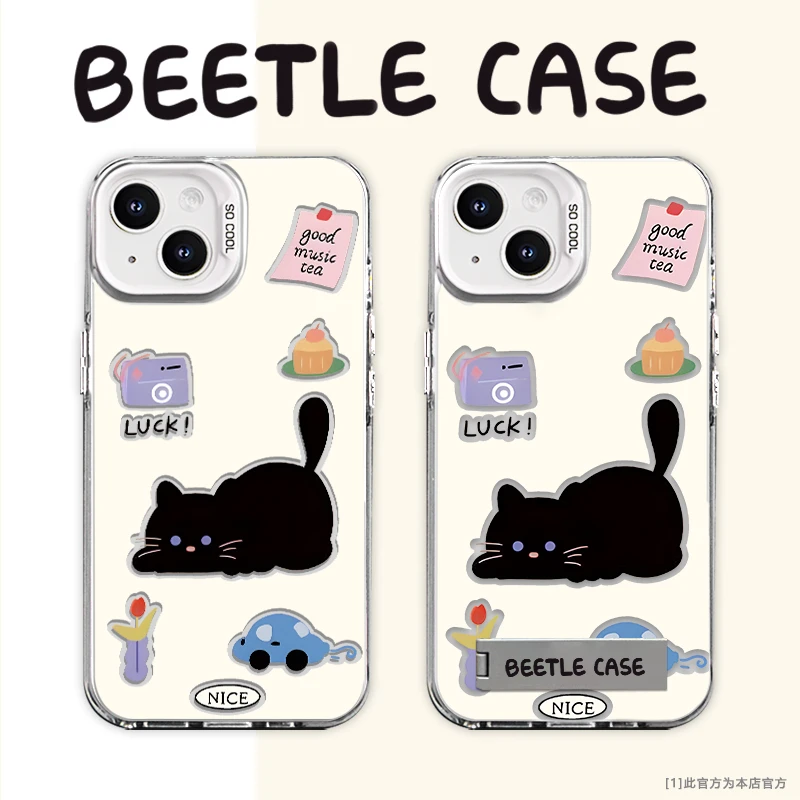 BEETLE CASE适用苹果华为小米14创意黑猫线条彩银全包手机壳MC