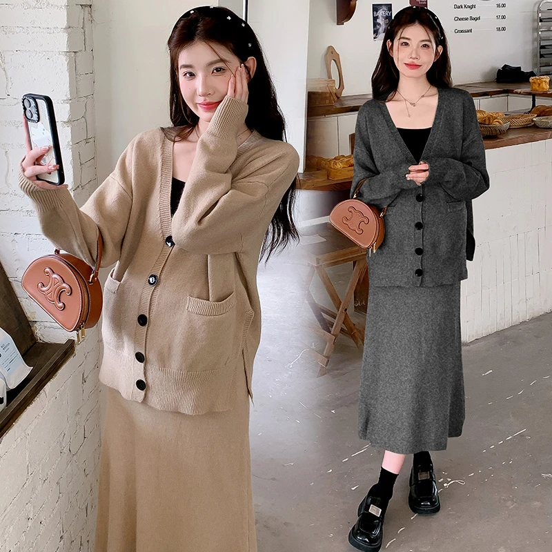 韩版小个子时尚孕妇装2024秋冬新款针织开衫+可调节半身裙套装