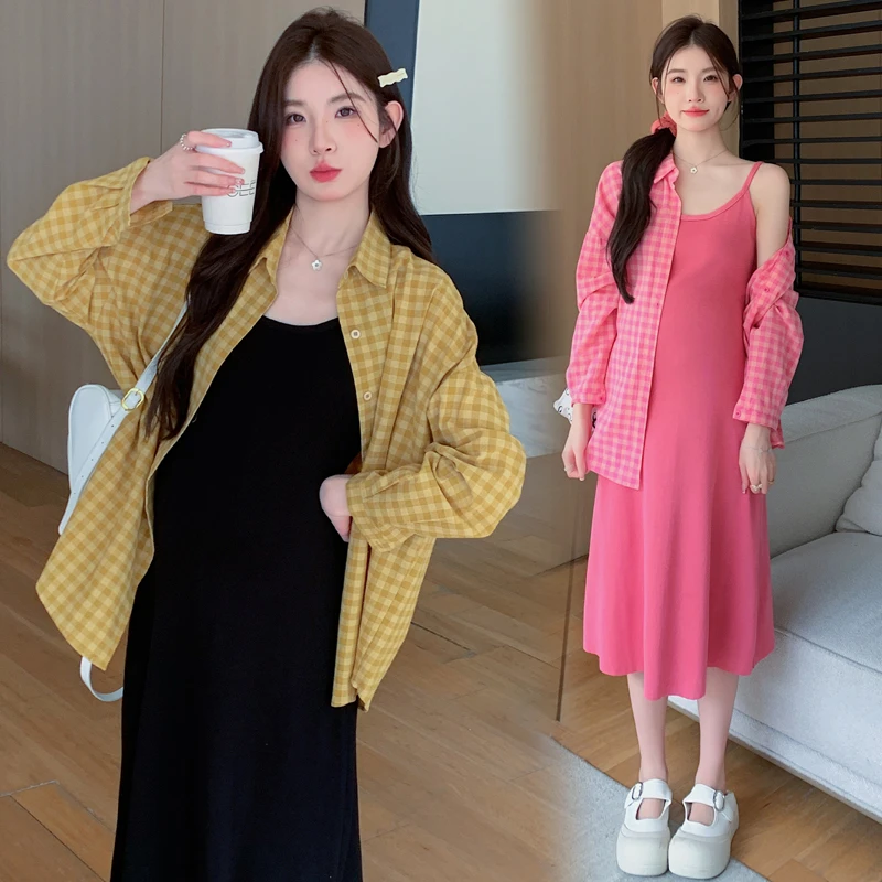 时尚小个子2024早秋新品孕妈复古格子长袖衬衣＋针织吊带裙两件套
