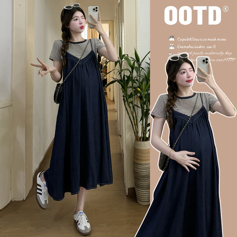 时尚2024年新款夏装简约甜美淑女宽松连衣裙套装T恤 ＋牛仔连衣裙