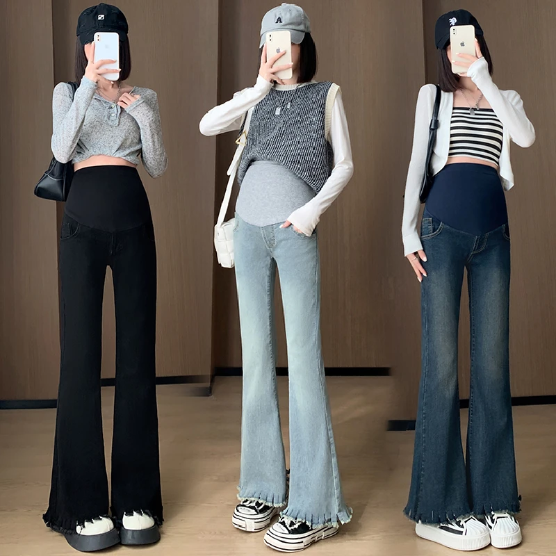 2023春秋新款小个子孕妇显瘦遮肚牛仔裤牛仔托腹外穿喇叭长裤百搭