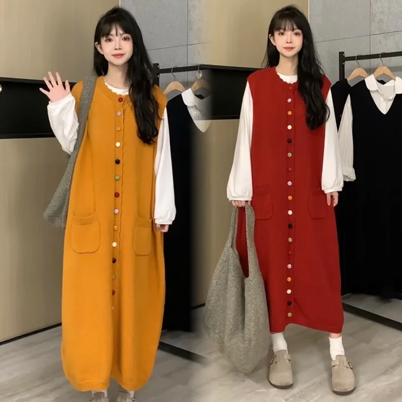 现货 孕妇装毛衣马甲简约休闲单排扣小清新宽松型连衣裙