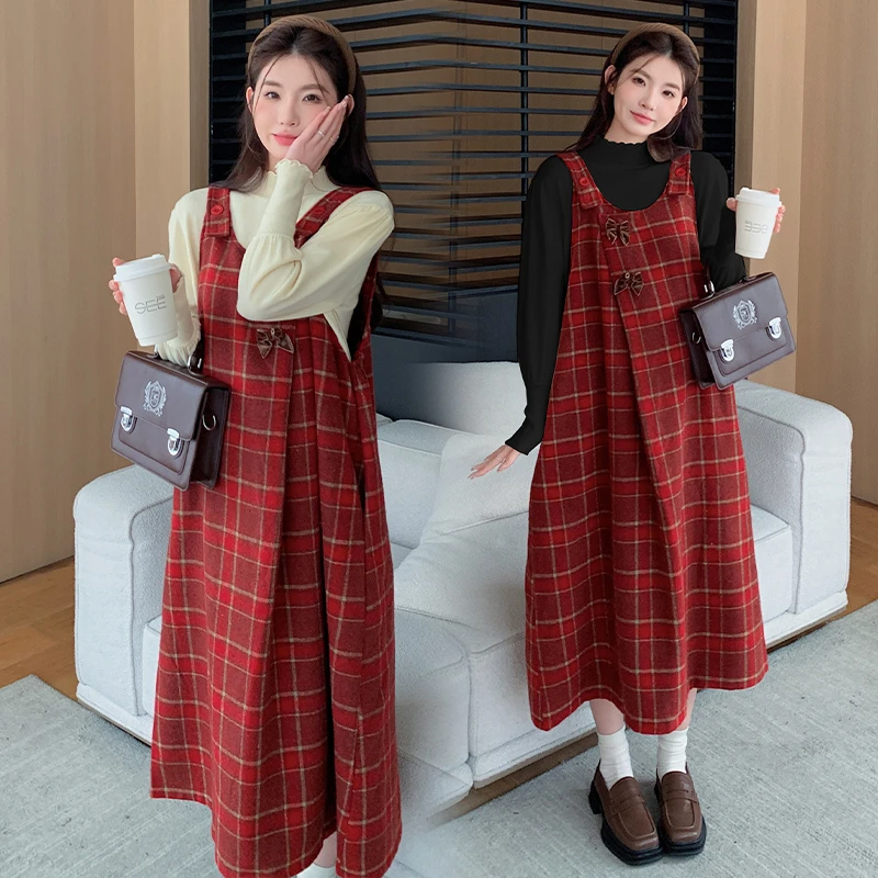 韩版时尚小个子秋冬毛呢背带裙甜美减龄格纹+打底毛衣孕妇套装