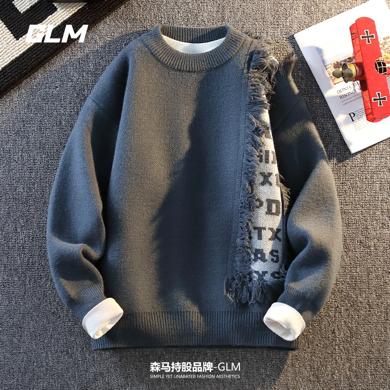 GLM男士秋冬加厚毛衣设计感圆领针织衫情侣潮牌休闲百搭保暖上衣