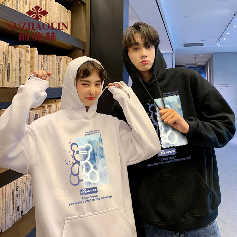 Y040工厂直销男女同款连帽印花卫衣春秋新款韩版宽松休闲运动上衣