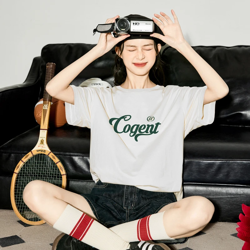 纯棉白色短袖女T恤2025新款美式复古落肩袖学生潮流宽松体恤