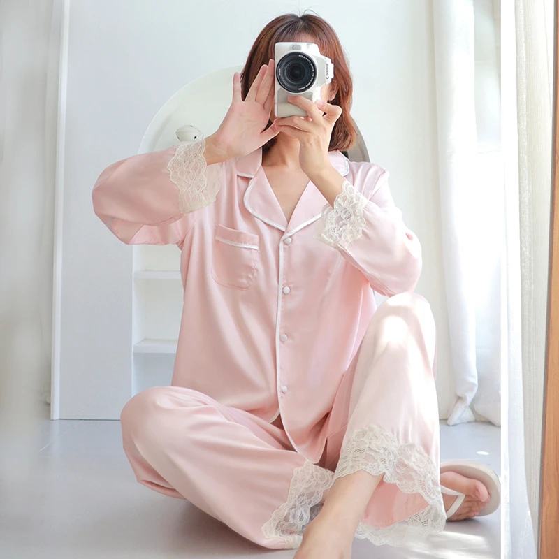 2023新款冰丝睡衣女秋季长袖长裤性感蕾丝高级感家居服夏季薄套装