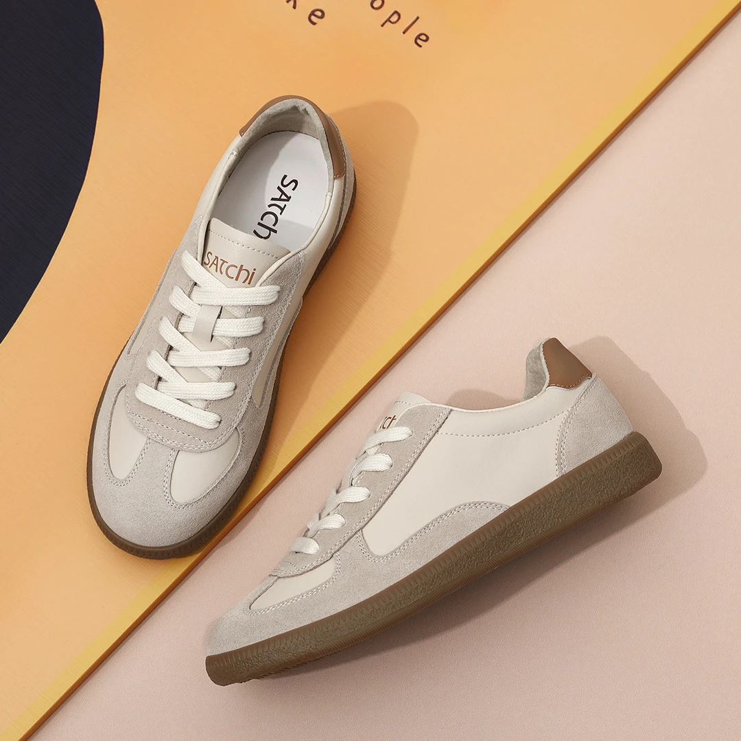 沙驰 撞色拼接德训鞋百搭圆头系带舒软休闲运动女鞋