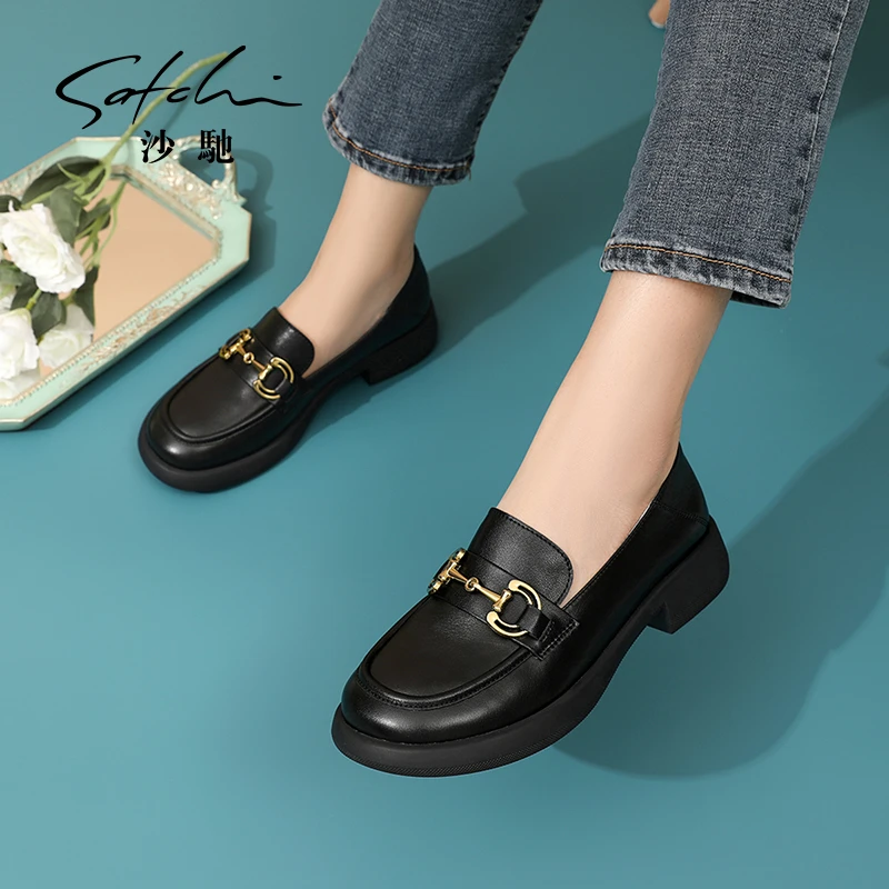 沙驰 牛皮简约乐福鞋圆头一脚蹬鞋英伦小皮鞋通勤鞋女鞋