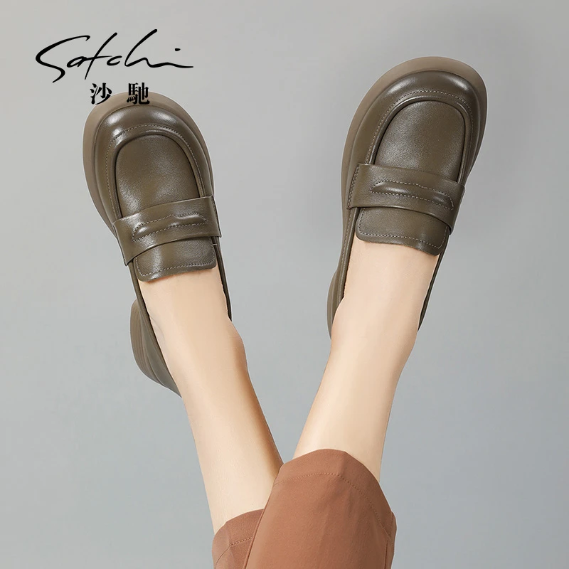 Satchi/沙驰舒适圆头乐福鞋时尚百搭女鞋黑色真皮单鞋