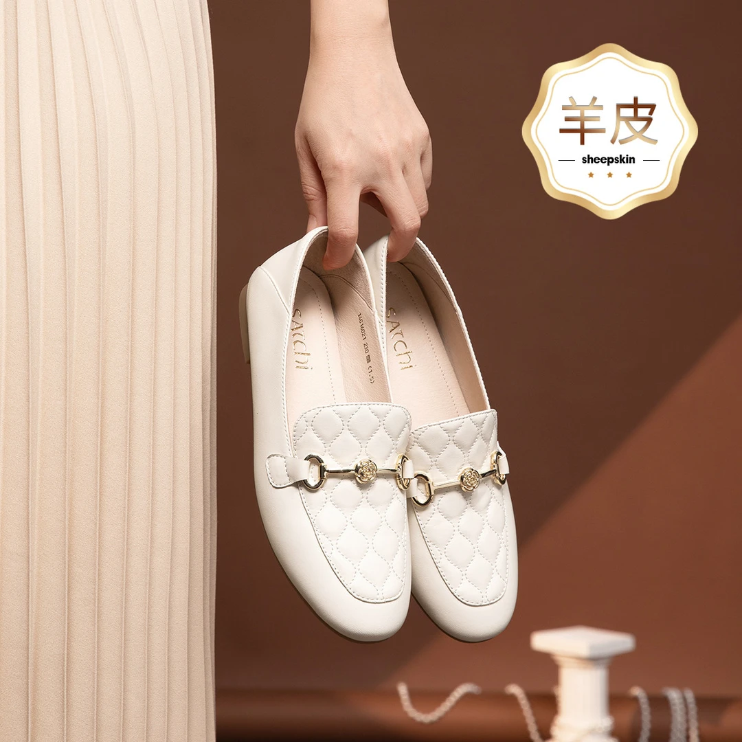 沙驰 羊皮软底单鞋踩跟乐福鞋舒适低跟一脚蹬豆豆鞋女单鞋