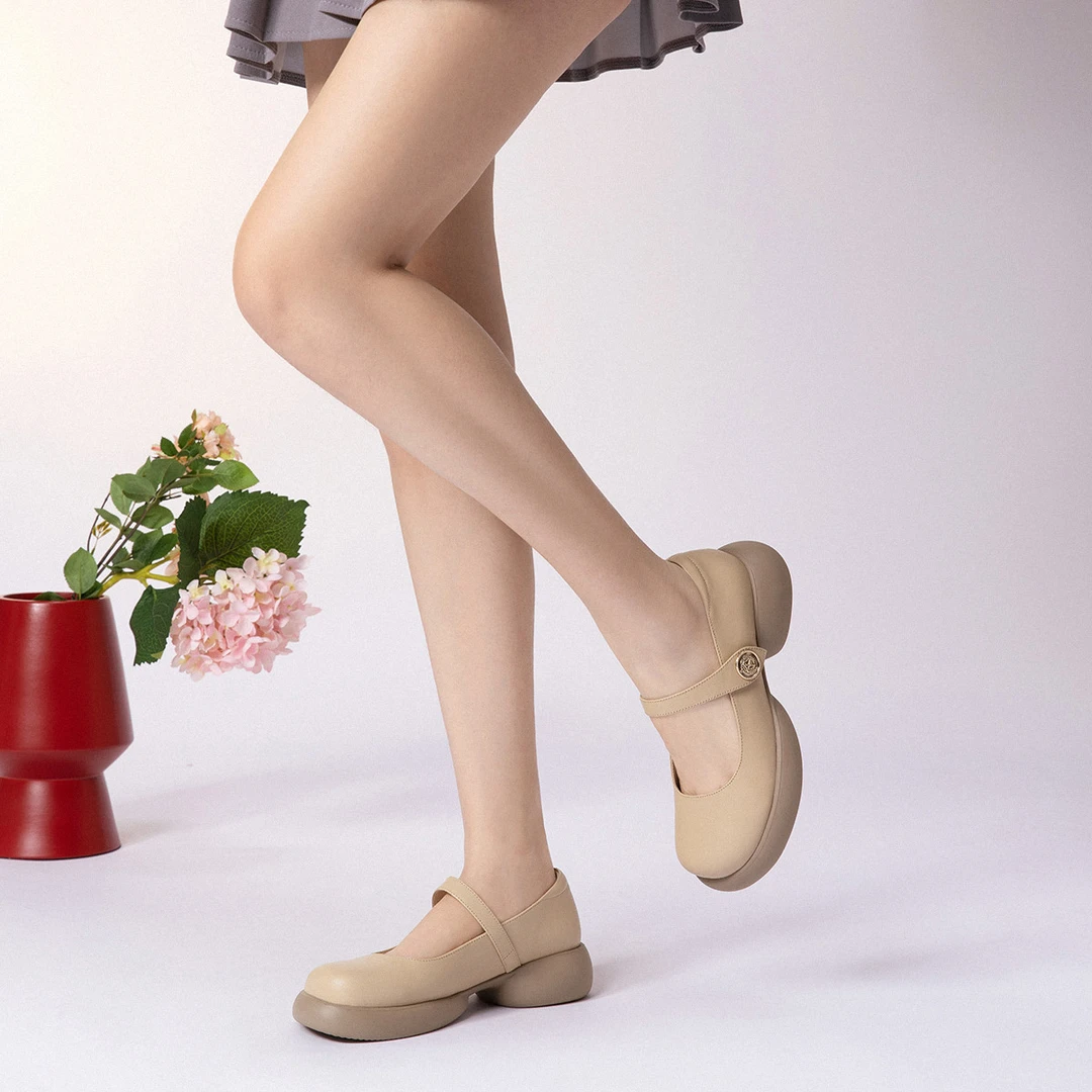 沙驰 牛皮小香风玛丽珍鞋法式粗跟一字带女单鞋