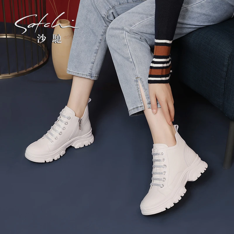 沙驰 牛皮革水钻鞋带学院厚底短靴时尚休闲鞋潮酷女靴