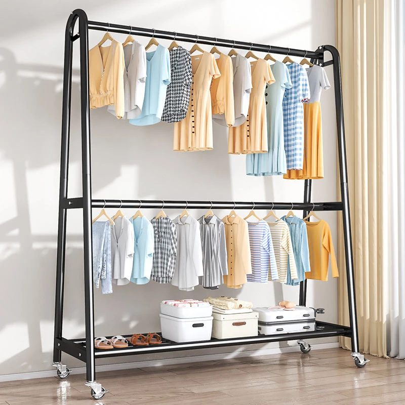 衣架双层落地家用客厅卧室内挂衣架出租房收纳衣物省空间晾晒衣架