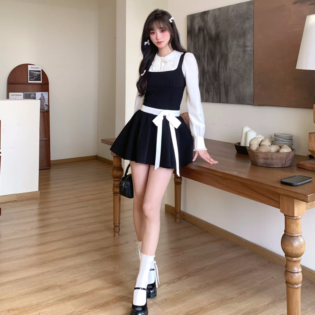 越韩小鱼少女相对论法式显瘦赫本小黑裙女秋衬衣吊带连衣裙两件套