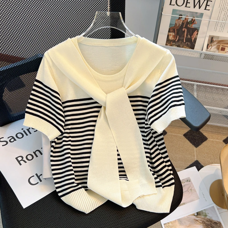 夏季新款大码胖MM法式小香风披肩条短袖t恤女夏季新款洋气上衣