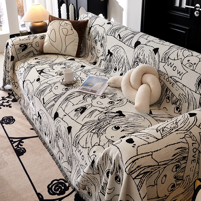 邓肯可爱卡通人物雪尼尔沙发盖布巾全包四季通用沙发套罩毯盖巾