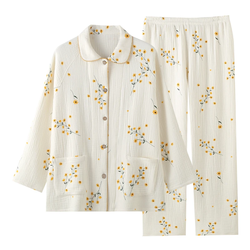 【风车菊五层纱】全棉无印风加厚睡衣秋冬保暖情侣柔软长袖套装