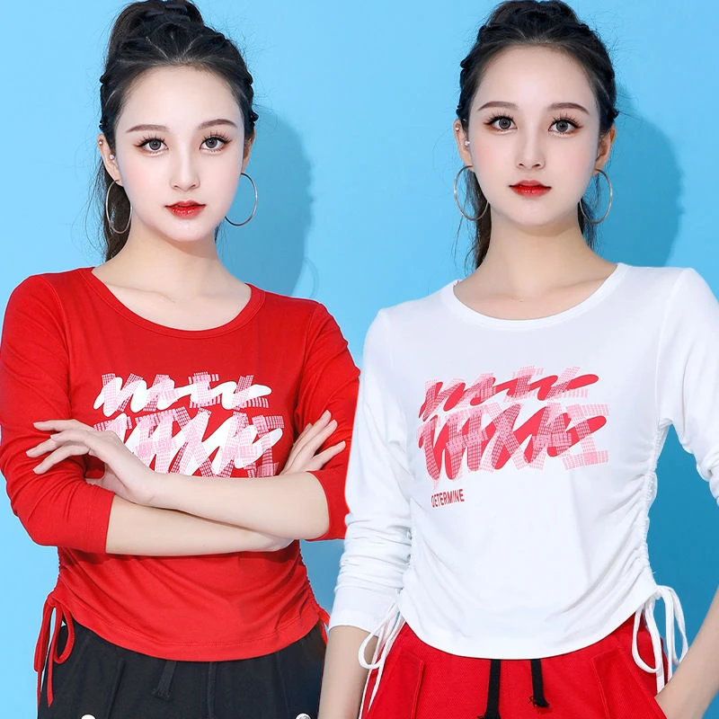 夏季新款广场舞服装上衣棉圆领短袖抽绳薄款运动体操跳舞衣服高弹