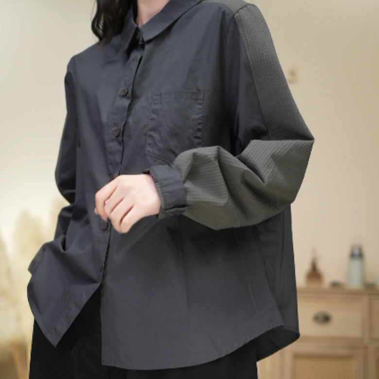 21269春季设计感拼接时尚翻领长袖衬衫