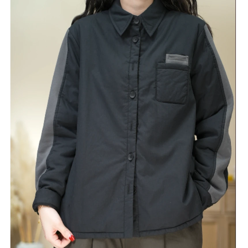 21629纯棉保暖冬季百搭拼接撞色加棉衬衫