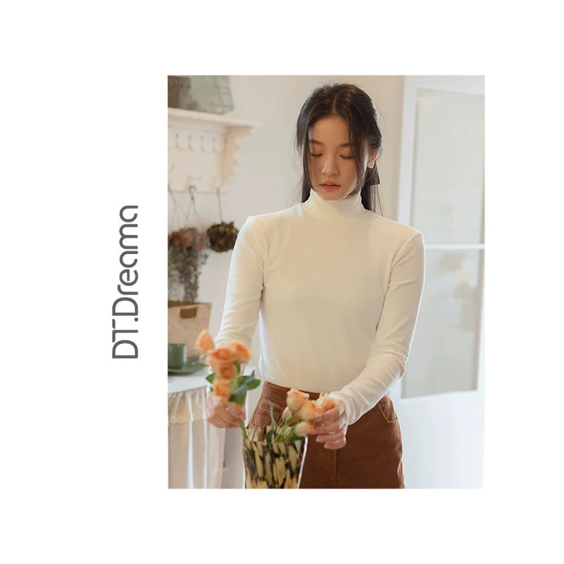 时尚打底衫女秋冬洋气秋冬百搭半高领t恤女修身半高领纯色保暖