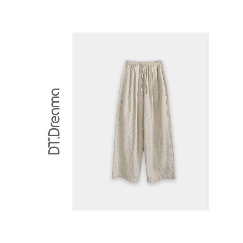 轻奢极简棉麻亚麻透气舒适重磅拖地休闲复古百搭高腰宽松阔腿裤女