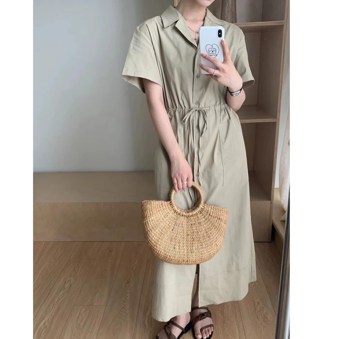 衬衫裙夏季法式收腰短袖翻领高级感A字裙显瘦系带中长款连衣裙女