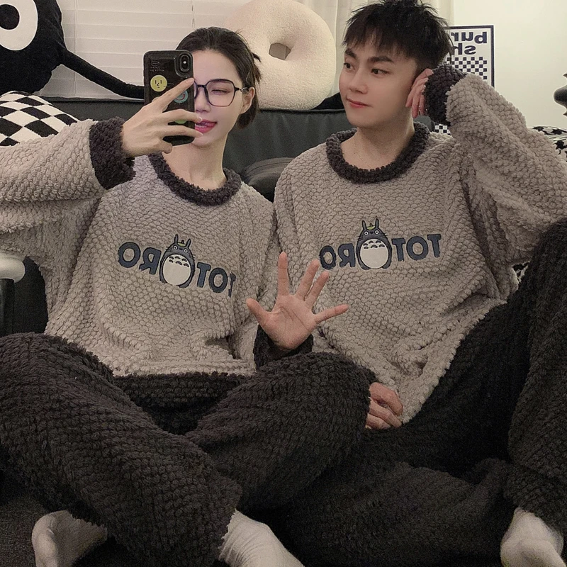 日系灰色情侣睡衣秋冬季一男一女长袖网红珊瑚绒龙猫套装家居服
