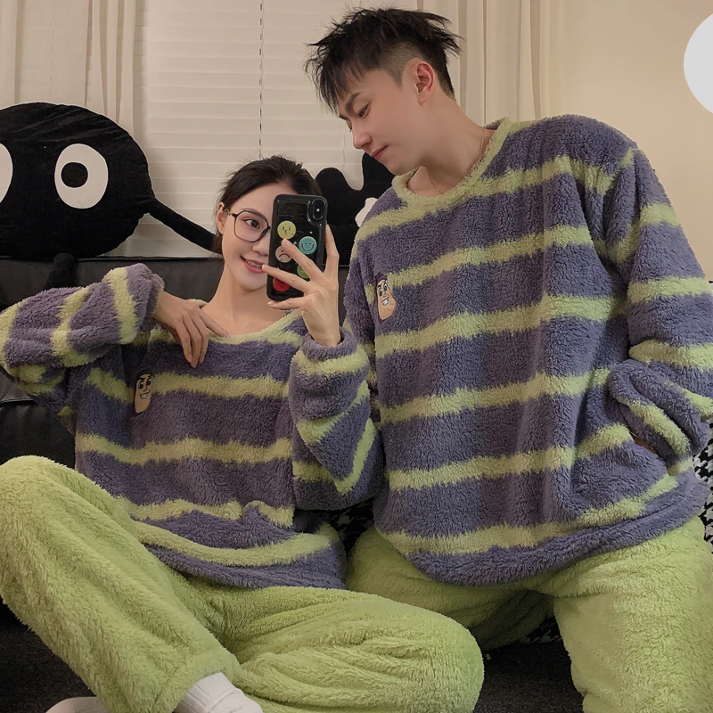 日系卡通情侣睡衣女秋冬季珊瑚绒加厚长袖条纹新款男士套装家居服