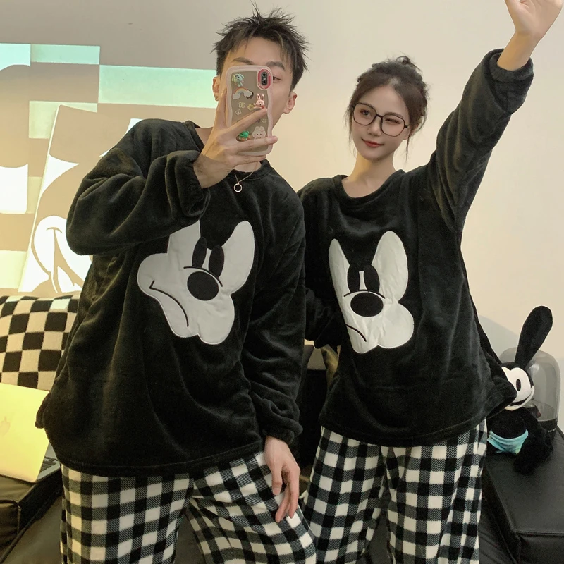 韩版米奇格子情侣睡衣女款秋冬季法兰绒加厚男士珊瑚绒家居服套装