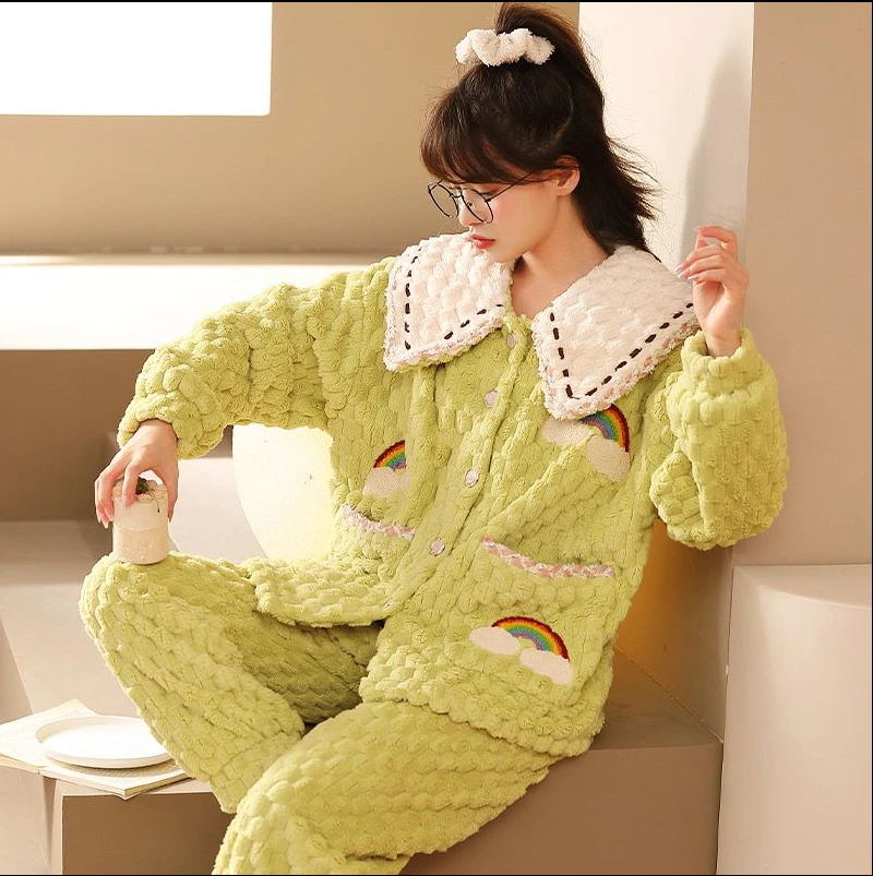 单品连接男女款睡衣家居服套装冬季三层夹棉加厚加绒保暖冬天毛绒