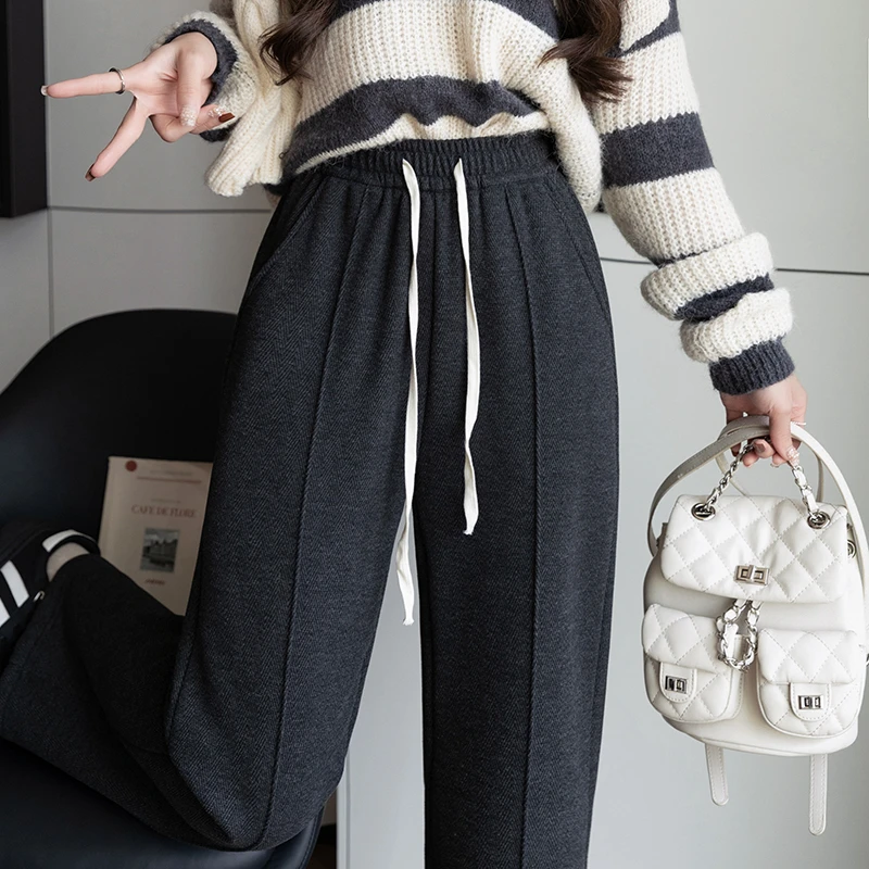 【臻品】轻奢气质减龄显瘦百搭加绒加厚休闲阔腿裤9757 【婷】