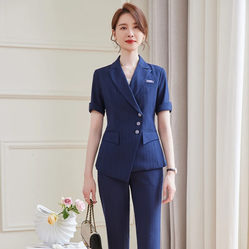 SHILUYA/诗璐雅职业西装套装女夏短袖干练商务正装薄款西服两件套