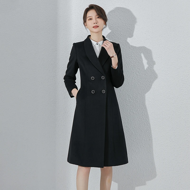 SHILUYA/诗璐雅职业风双排扣黑色修身中长款西装领羊毛呢大衣女冬