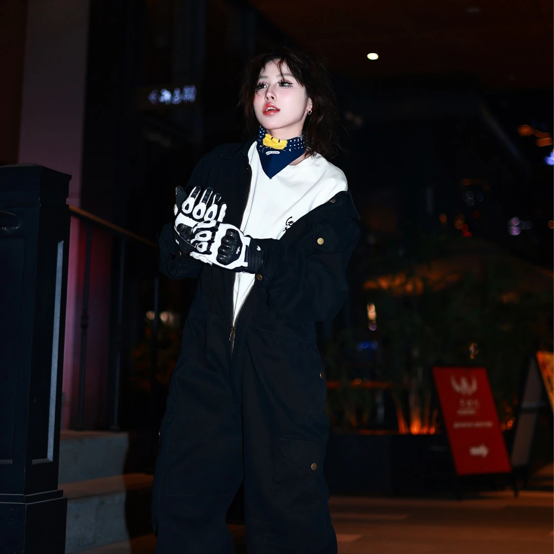 GECKOGOGO秋冬复古休闲宽松裤黑色拉链款大口袋连体休闲工装