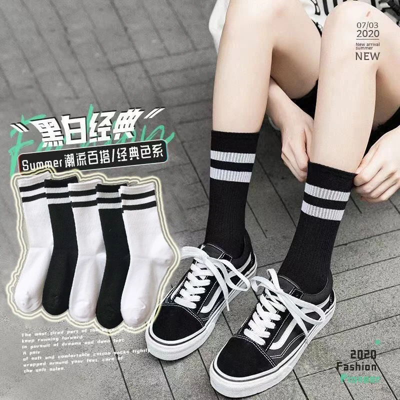 鲨鱼裤搭配袜子女夏季薄款中筒ins潮百搭学院风条纹学生运动长袜