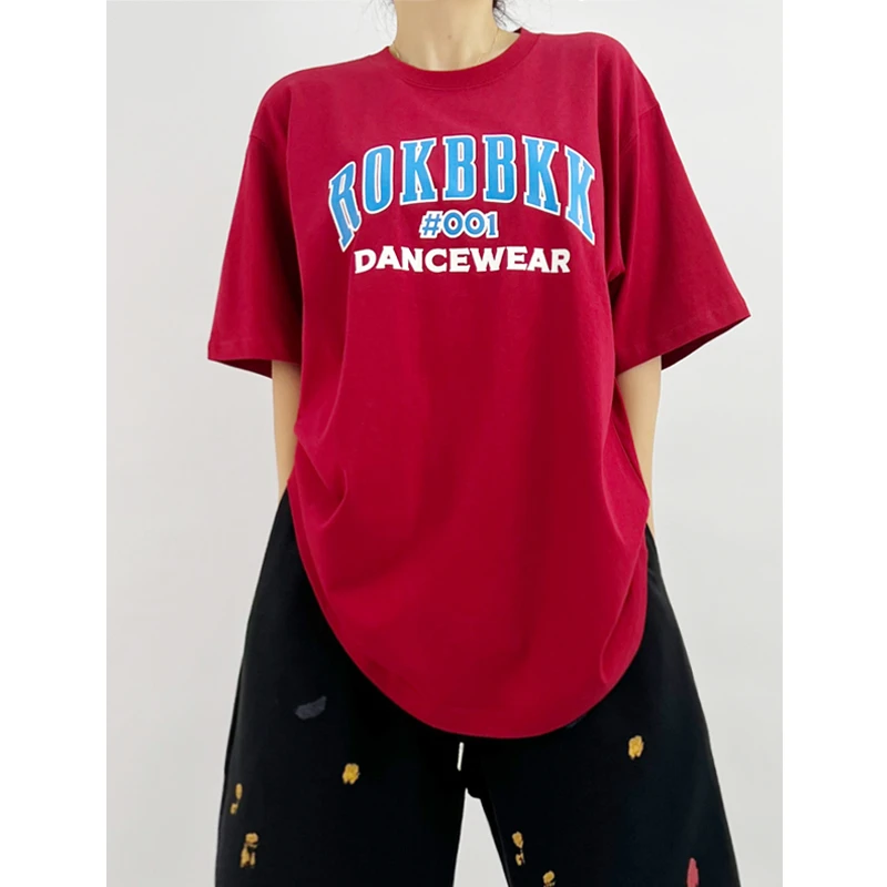 ROKBBK-K/布韩街舞嘻哈T恤女猩红色美式宽松短袖潮牌上衣hiphop潮