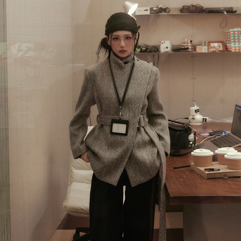 【专属】誉芝yuzhi 灰色立领毛呢外套秋冬新款加棉保暖收腰设计上衣