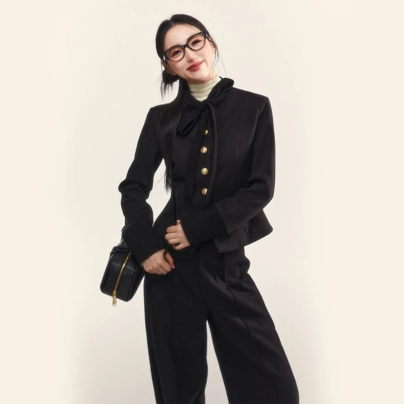 誉芝yuzhi  春款黑色毛呢西装外套财阀千金冬季修身显瘦收腰上衣