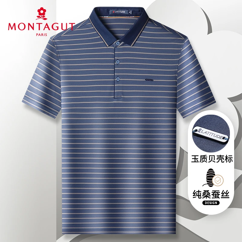 梦特娇夏季100%桑蚕丝短袖男Polo衫凉感透气真丝翻领T恤302113027