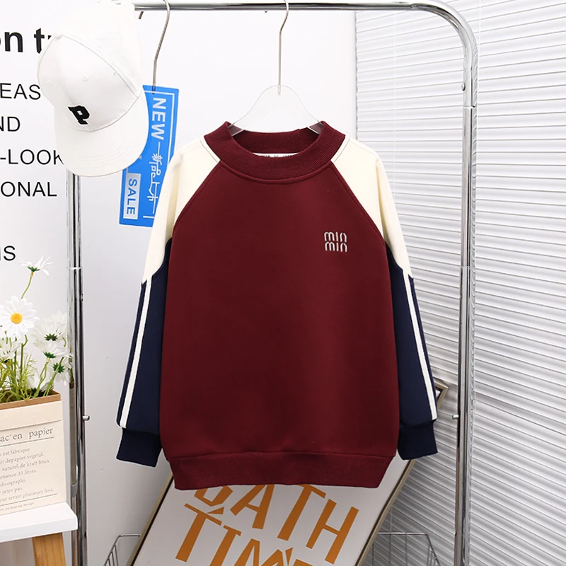 冬季新款加绒撞色卫衣女大童大童上衣休闲潮童洋气zb3754简约童品