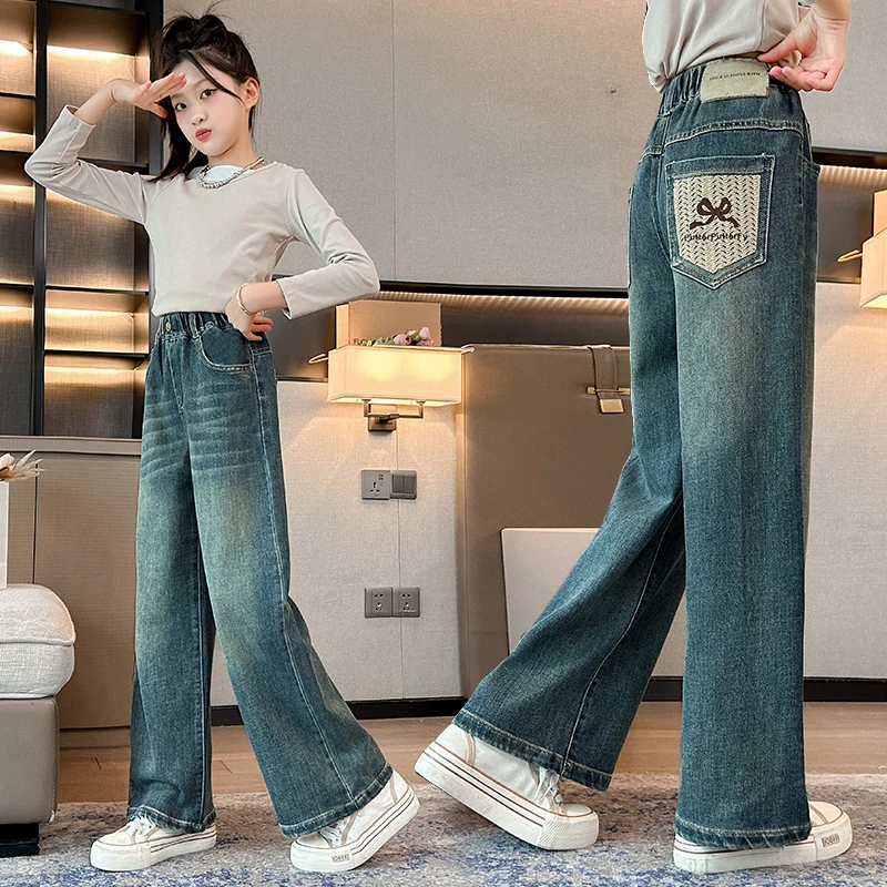 秋季新款女童直筒牛仔裤宽松儿童秋装百搭长裤大童zb3387简约童品