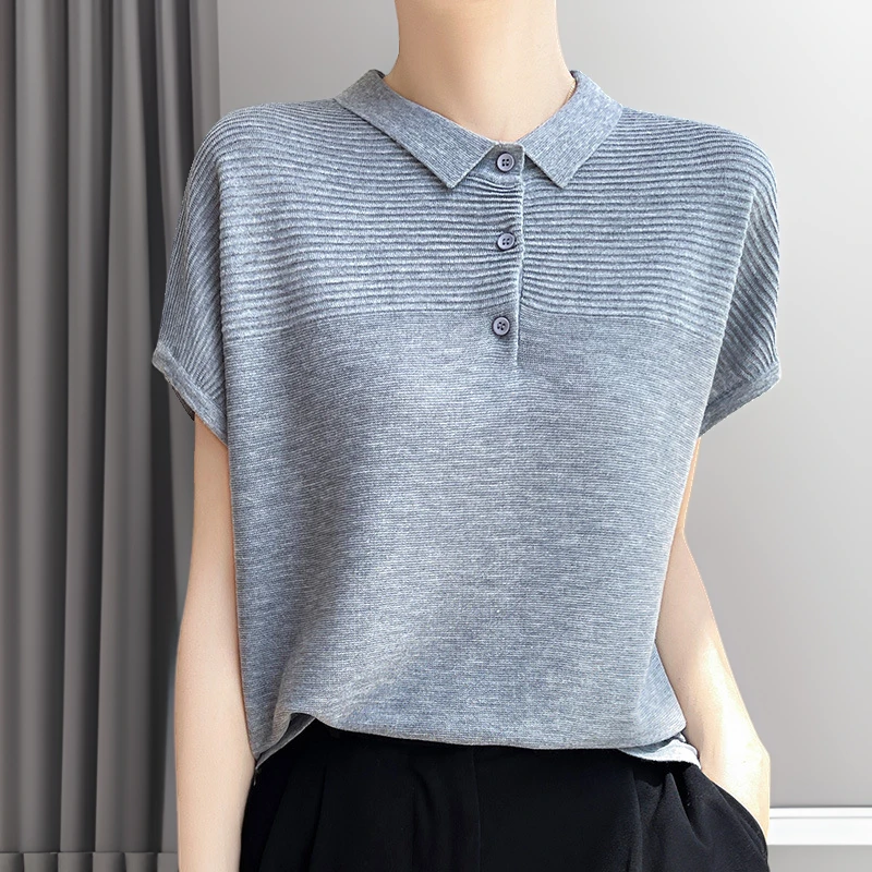法式薄款气质镂空针织衫针织短袖女新款爆款夏季宽松Polo衫上衣女