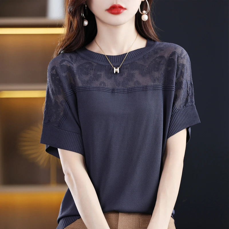 镂空冰丝圆领短袖t恤女夏季薄款欧根纱针织半袖宽松冰丝内搭上衣